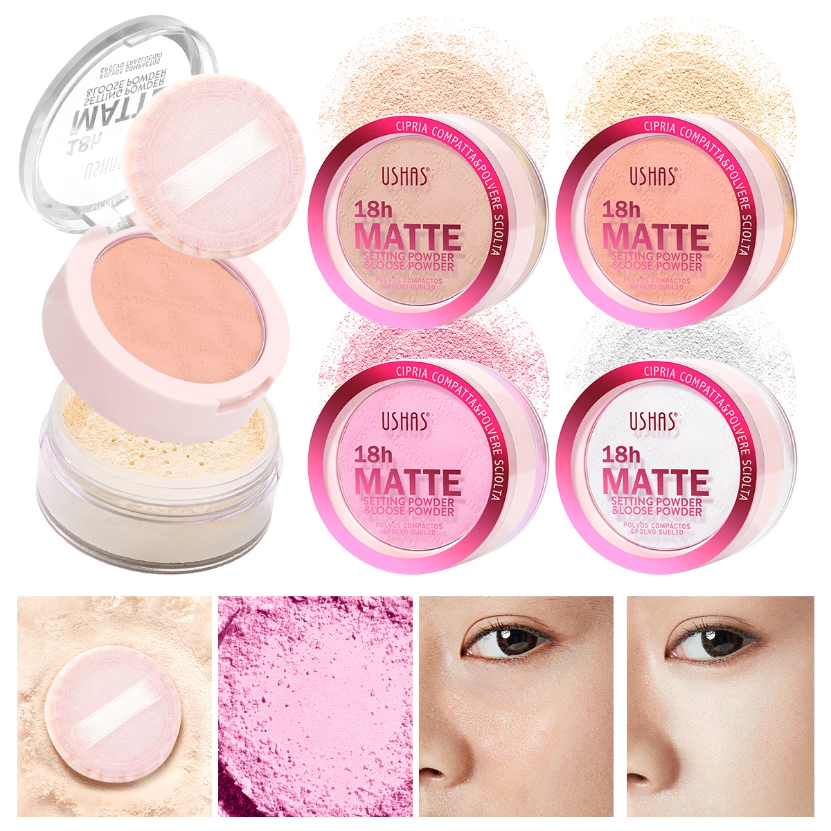 USHAS Lightweight Foundation Waterproof 18 Hours Matte Long Lasting No Makeup Removal Dark Spots Loose Powder &setting Powder