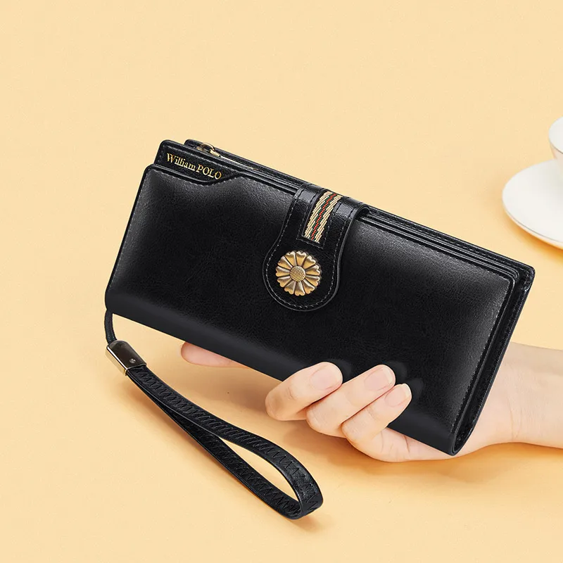 Hot Sale Custom Logo Tri-fold Leather Ladies Wallet Large Capacity Retro Mobile Phone Card Bag Long Length Gift