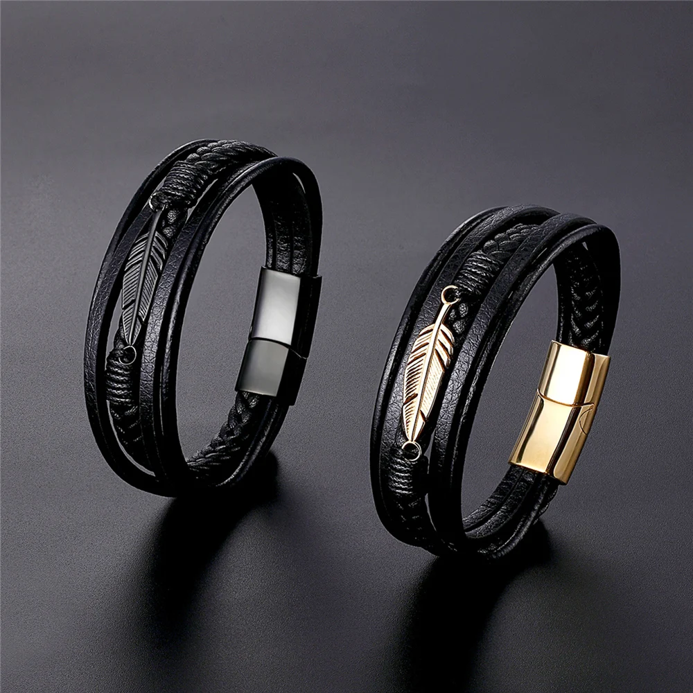 Black Color Genuine Leather Bracelet with Magnetic Buckle