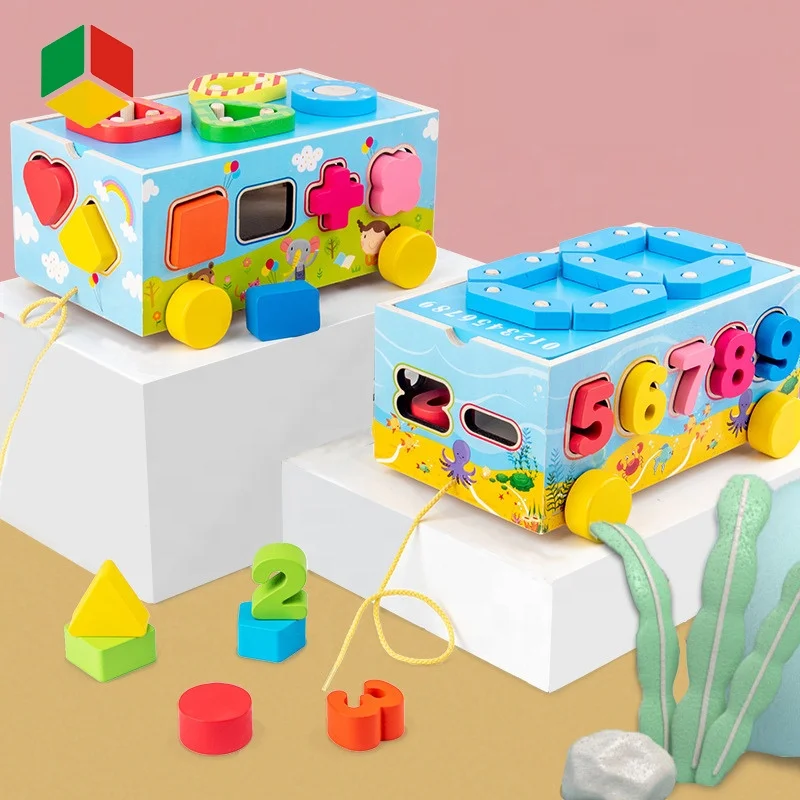 QS Toy Children Digital Building Block Drag Car Porous Cognitive  Matching Color Geometric Intelligence Car in Birthday Gift