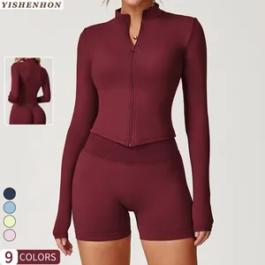 YISHENHON Women's Quick-Drying Workout Jacket Breathable Yoga Jacket with Zipper for Running Sports V-Shape Hem Long Sleeves