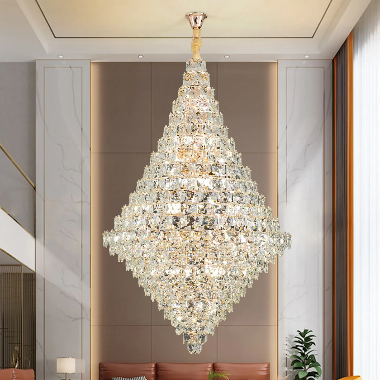 2026 Neue Villa-Kristall-Halle-Kronleuchter mit Hohldesign, Hotel-Lobby, französischer Leichtluxus, Duplex-Wohnraum mit doppelter Raumhöhe, Hauptlampe mit LED-Technik
