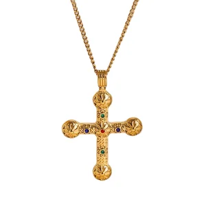High End Fashion Stainless Steel Diamond Cross Necklace Pvd Plated Waterproof Sweater Chain Necklace