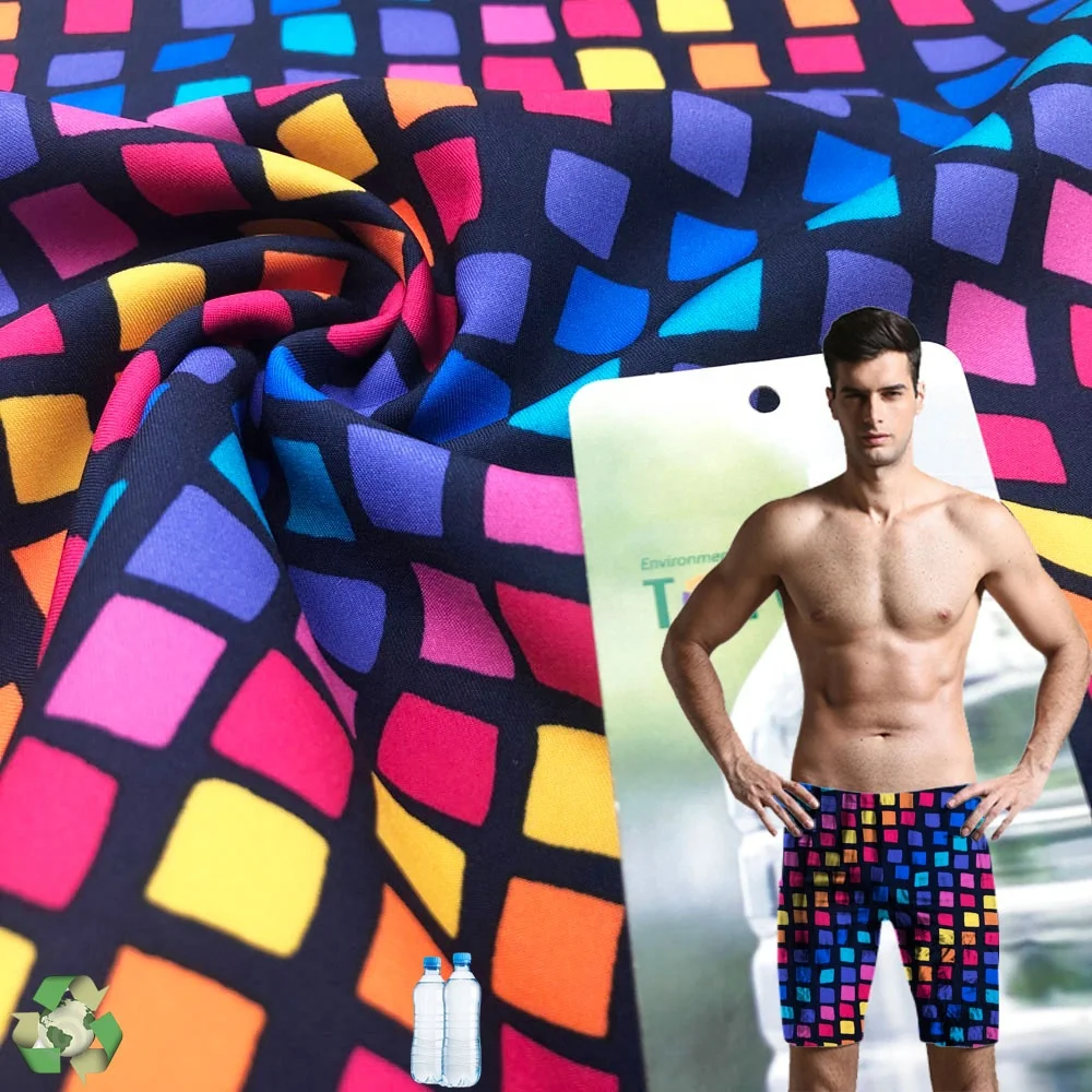 Traje de baño de tela elástica de vías de poliéster reciclado y