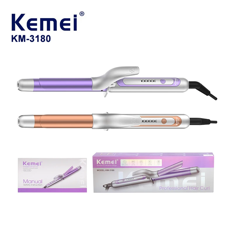KEMEI KM-3180, fer à friser en céramique PTC pour femmes, puissance 47 W, prise UE, chauffage rapide, 5 niveaux de température, technologie ionique, cordon pivotant à 360°, compact et portable, outil DIY pour coiffure féminine