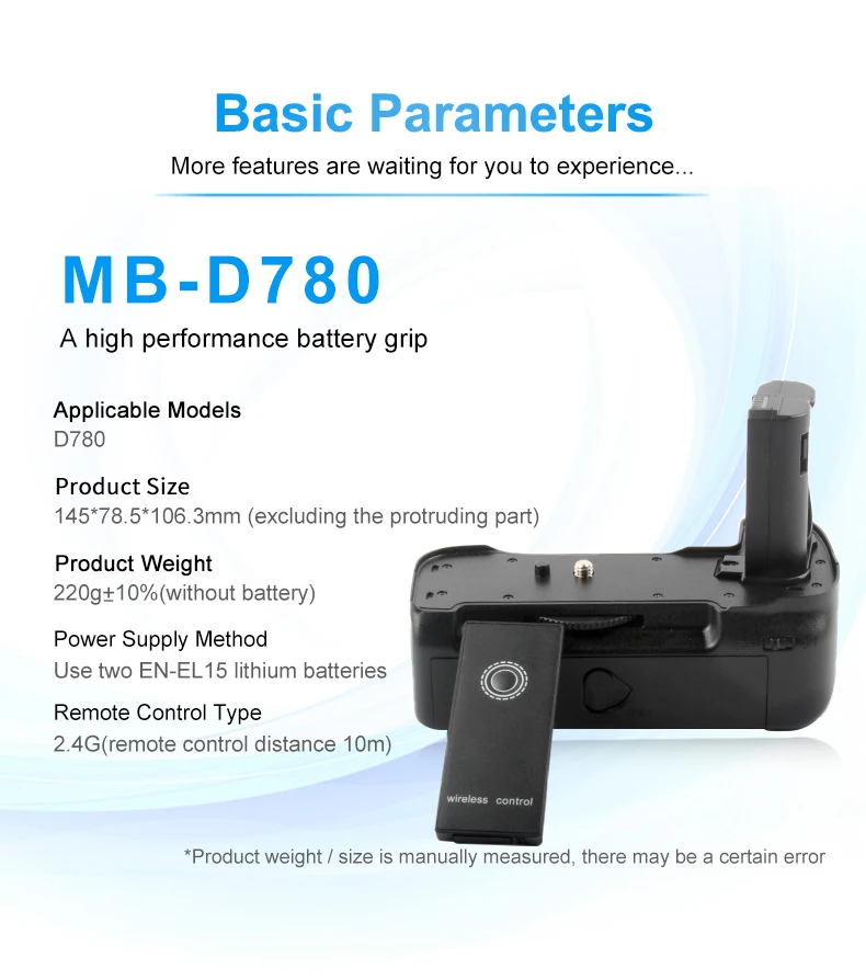 MB-780RC Battery Grip With Remote Control Holds 2pes EN-EL15 Batteries MB780RC Vertical Battery Grip for Nikon D780 Cameras details