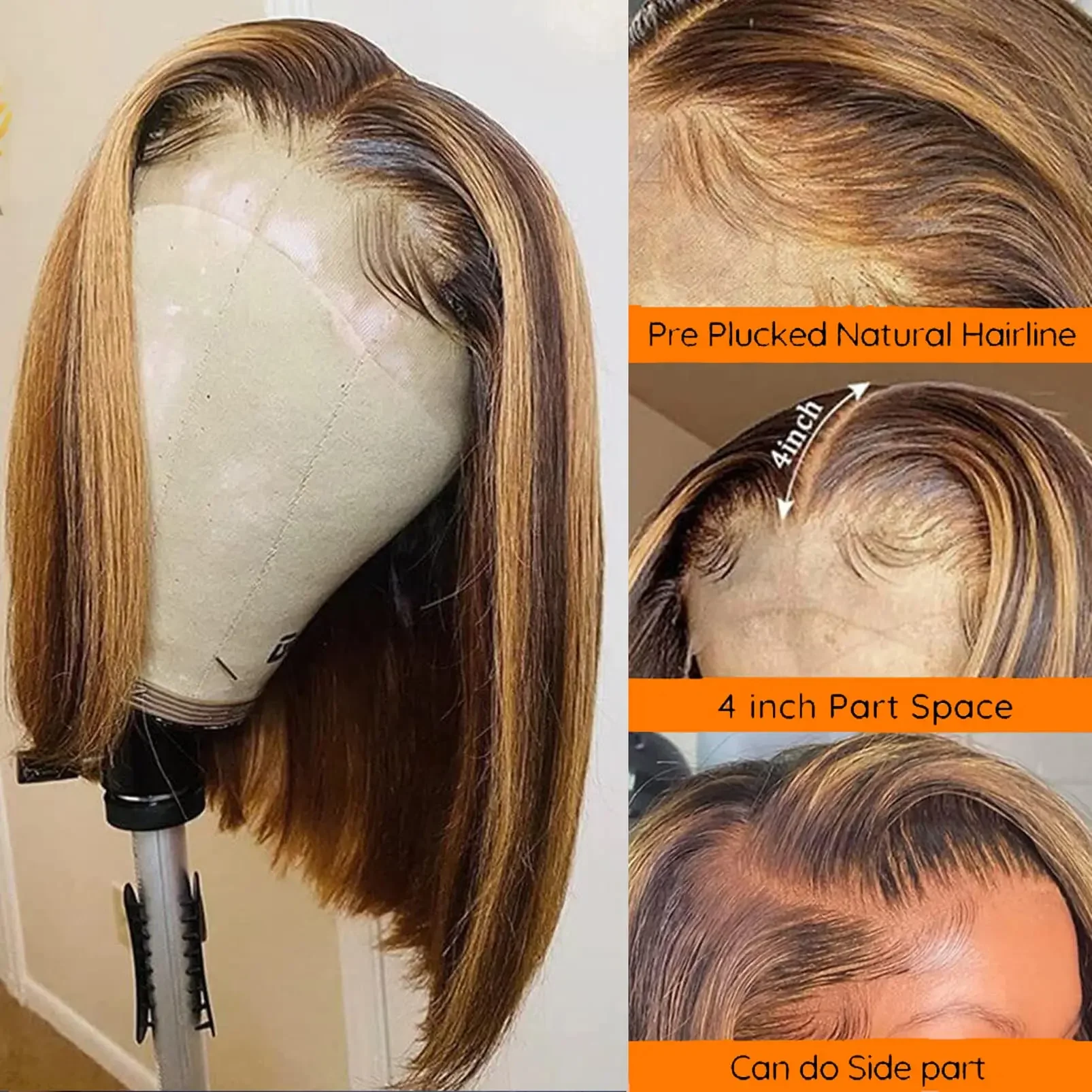 P4/27 Brasilianische glatte Bob-Perücke mit Spitzenfront, Remy-Menschenhaar, 180 % Dichte, Braunblond_voghion.com