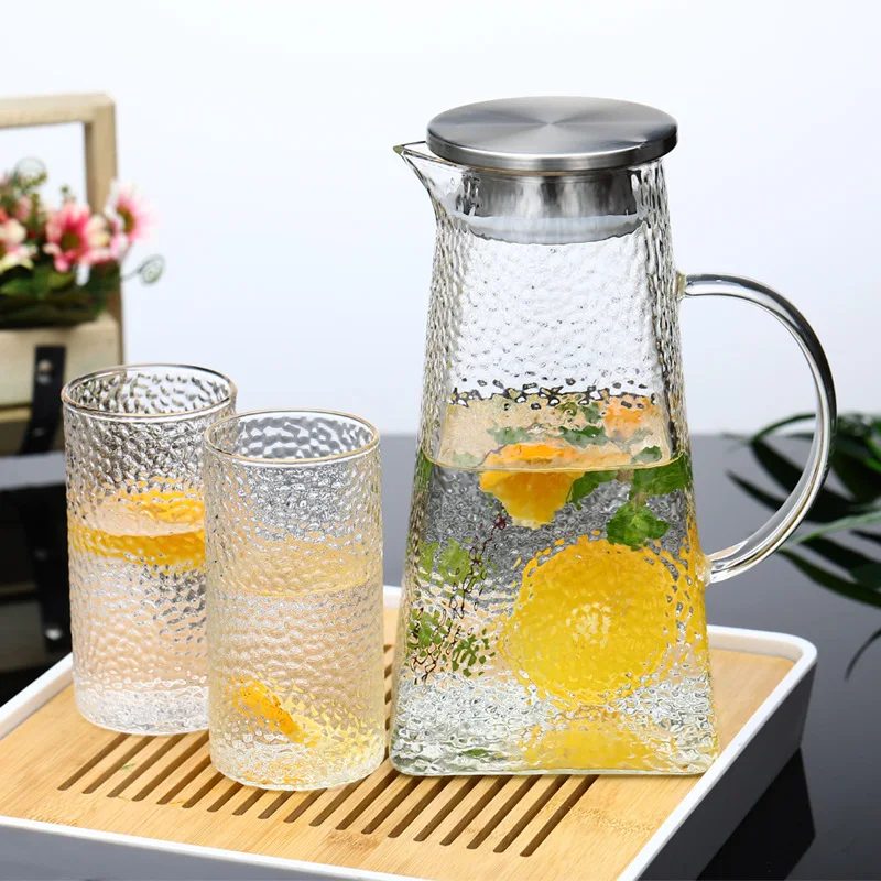 Modern Design Thickened Glass Hammer Pattern Cold Water Jug Square Household Juice Milk Container Set