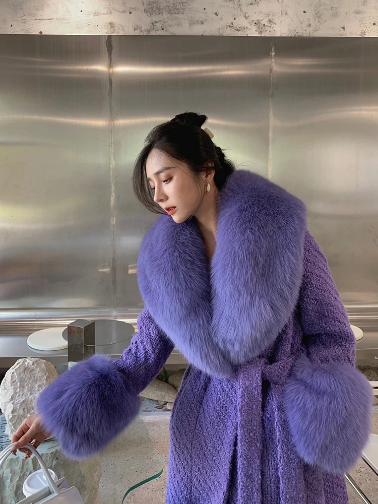 ビアズリー★FOXプルオーバー ニット　シルク　フォックス　パープル 2023 Autumn Winter Woolen Coats with Real Fox Fur Cuffs