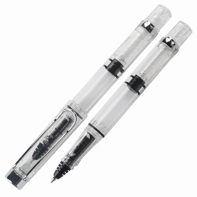 Jovesun Transparent Plastic Piston Fill Fountain Pen Blue and Red Ink Colors Slim Design