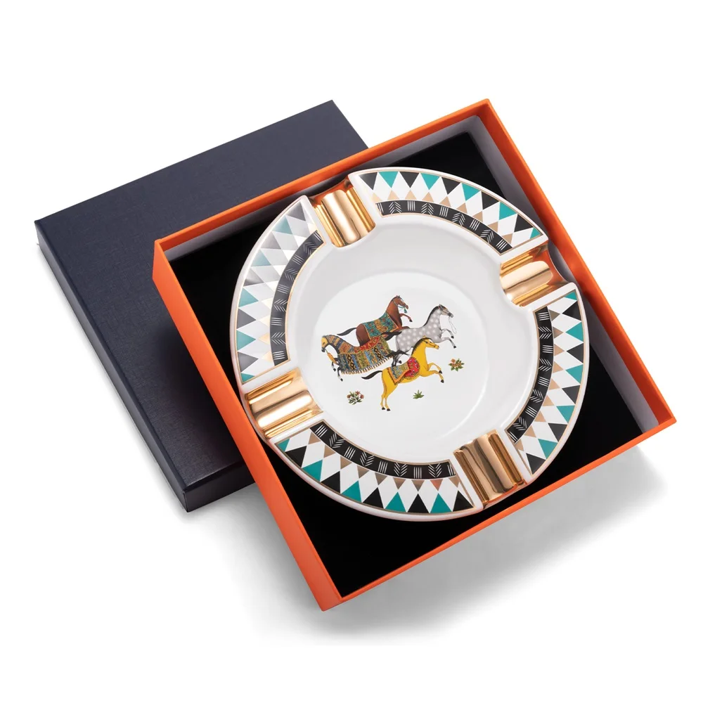 CIGARLOONG High Quality Luxury Fashionable Chinese Style Horse Pattern  Large Diameter Four Slot Ceramic Cigar Ashtray