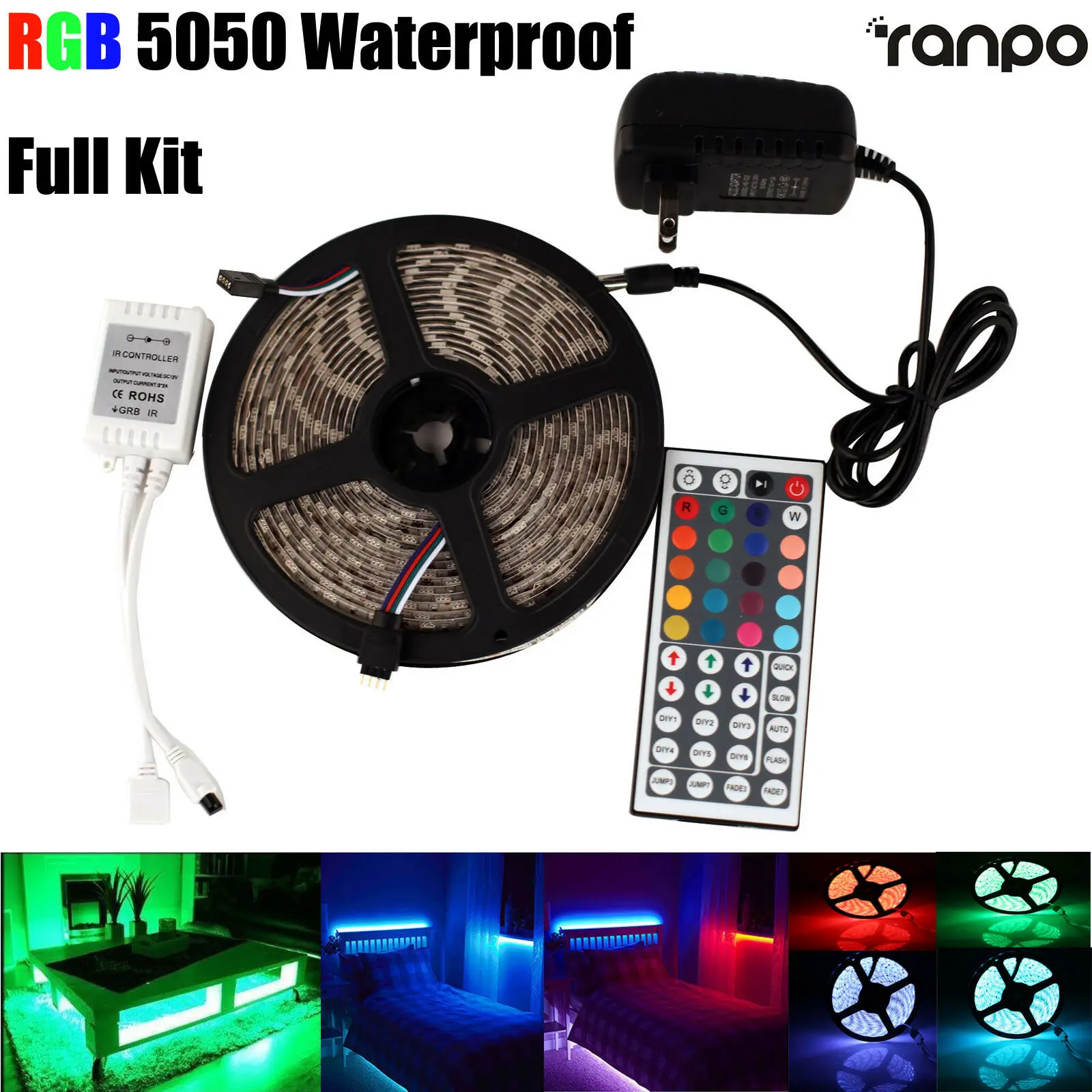 5M RGB LED Strip Lights Kit - 5050 SMD, Waterproof IP65, 44-Key Remote, 12V US Plug