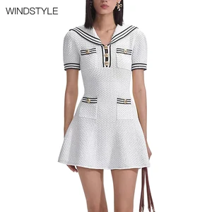 Vintage Lady A-Line Mini Dress Short Sleeve Striped Knit Casual Wear for Women Sailor Collar Embroidered Technique Summer