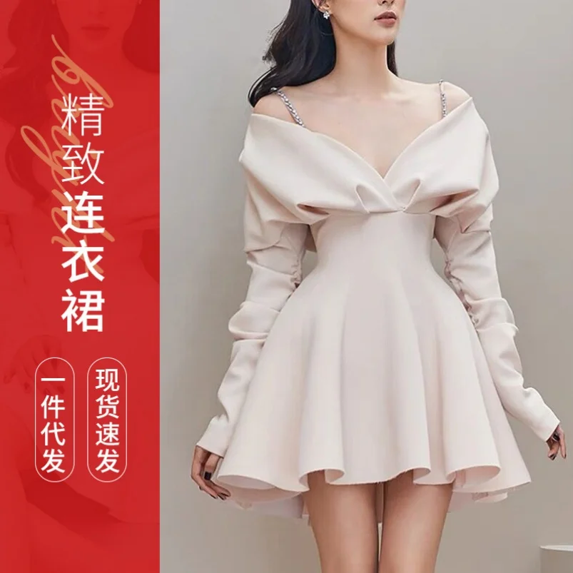 Elegant Summer Fashion Dress High Quality Maxi V-Neck Empire Casual Long Sleeved Woven Anti-Static Solid Color with Zippers