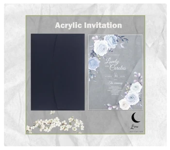 New Design Custom Invitation Dusty Blue Floralr Acrylic Glass Engagement Invitation Wedding Invitation Card With Velvet Envelope