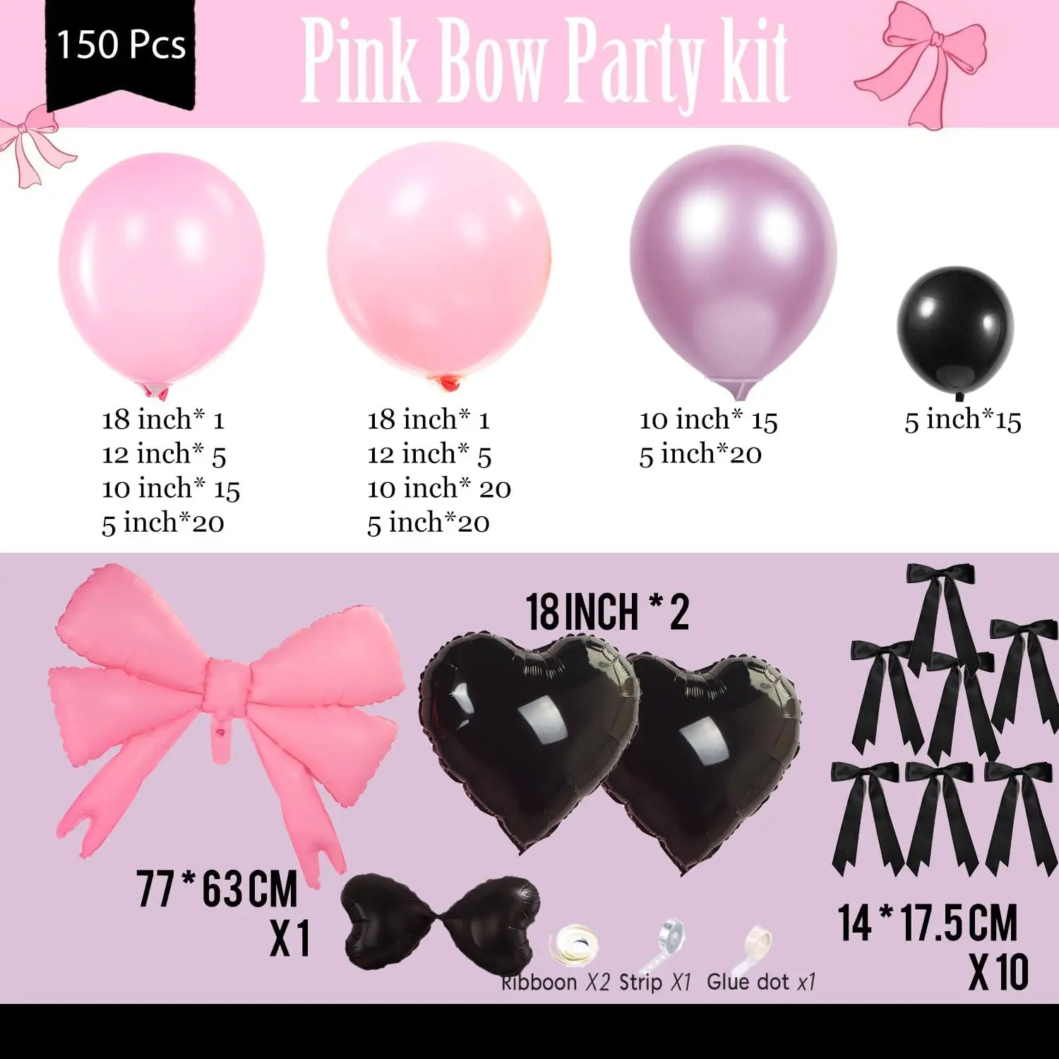 product 150pcs pink black bow balloon garland arch kit bow tie and bow mylar balloons for girls birthday decorations-1