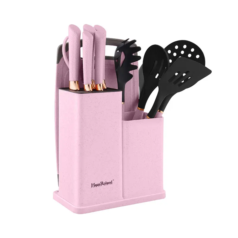 Küchenmesserset mit Block, hochwertigen Edelstahl-Kochmessern, Silikon-Küchenutensilien-Set mit Halter_voghion.com
