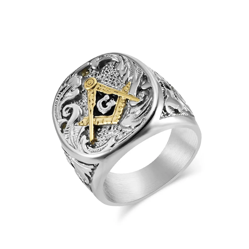 Gold Plated Vintage Freemason Masonry Men Ring Stainless Steel Jewelry  Master Masonic Signet Ring