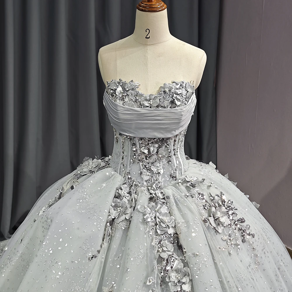 white and silver sweet 16 dresses Silver Quinceanera Dress with Mexican Lace & 3D Flowers