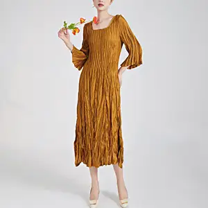 High Collar Pleated Dress Low Neck European and American Fashion Casual Style Belt Elegant Summer Evening Dress for Women