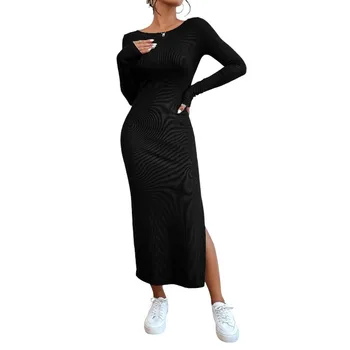 Black Women's Long Sleeve Dress Elegant and Sexy for Office or Party Y2K Clothing Tight Fit Casual Sweater Dress for Ladies