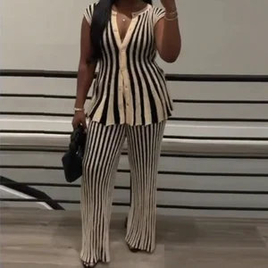 GX8779 Fashion 2026 Summer Clothing Vendor Sleeveless Unique Stripped Color Patchwork Knitted Blouse Tops and Pant 2 Pieces Sets