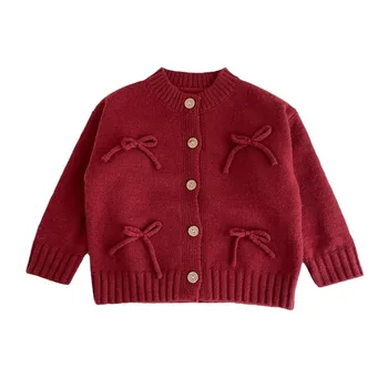 Girls' baby sweater knitted cardigan 2024 autumn and winter lazy forest retro style bow-knot fashionable kids tops