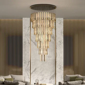 Modern gold luxury large round stairwell stair lighting crystal chandeliers pendant lights for hotel lobby staircase