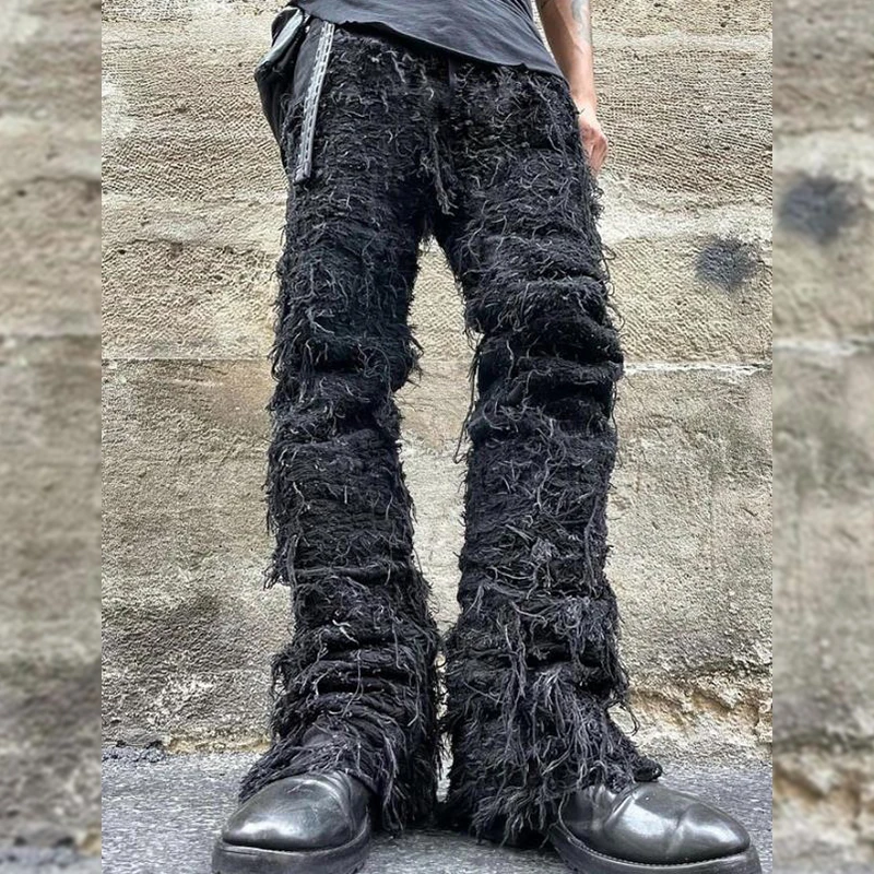 DiZNEW High Street mummified denim jeans fringe solid color trousers man