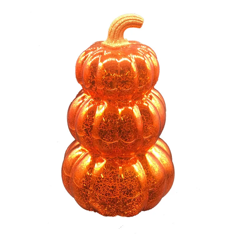 LED lit artificial mercury glass craft pumpkin lights Battery 3 stacked orange stained Fall Thanksgiving Lighted Decoration