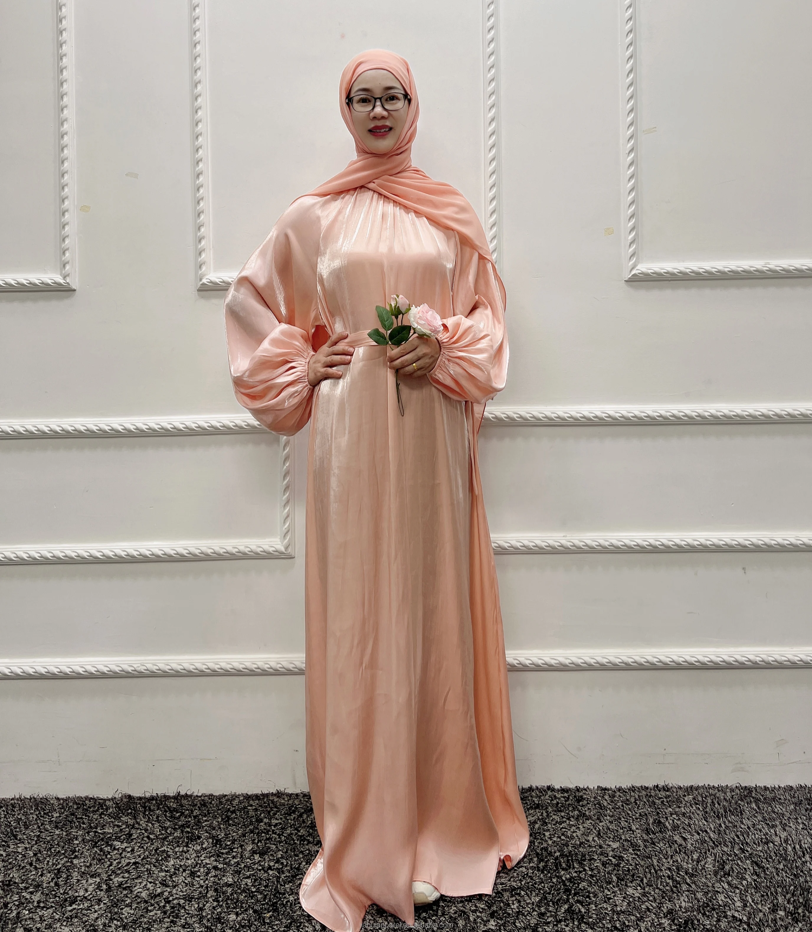 Modern Women's Long Satin Kaftan Gown New Design Shiny Silk Maxi Abaya  Dress with Belts Soft Sets for Party Evening Summer