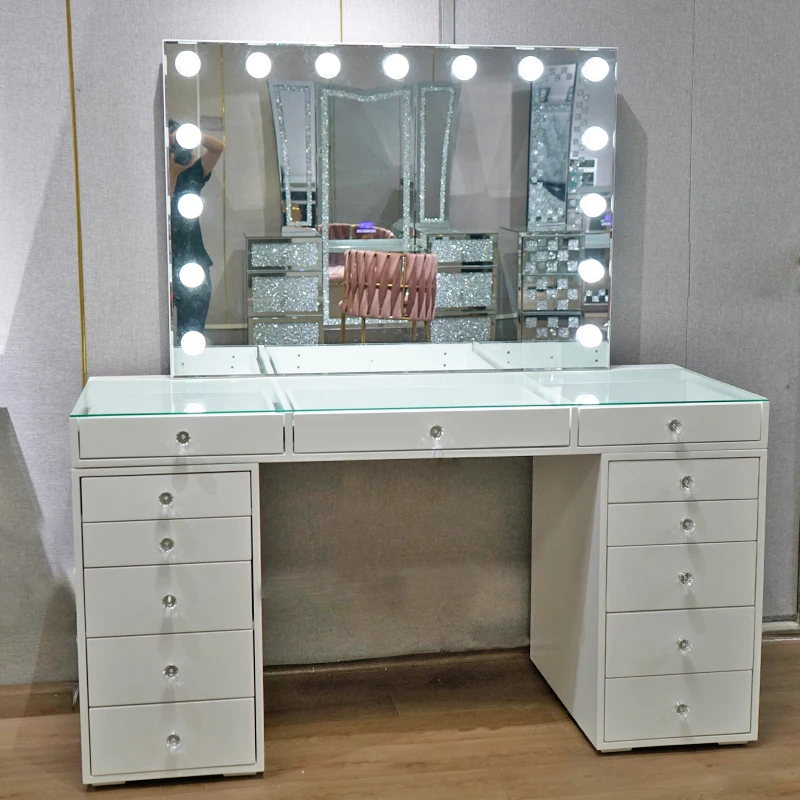 Modern 13-Drawer White Mirrored Dressing Table for Home