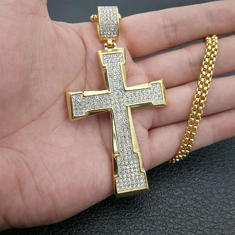 Hip Hop Large Iced Out Cross Necklace Pendant with Box Chain Gold