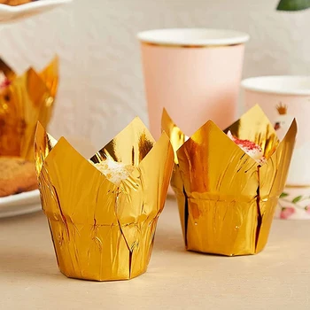 Disposable Gold Aluminum Foil paper Liners Muffin Cases cupcake wrapper tulip baking cups