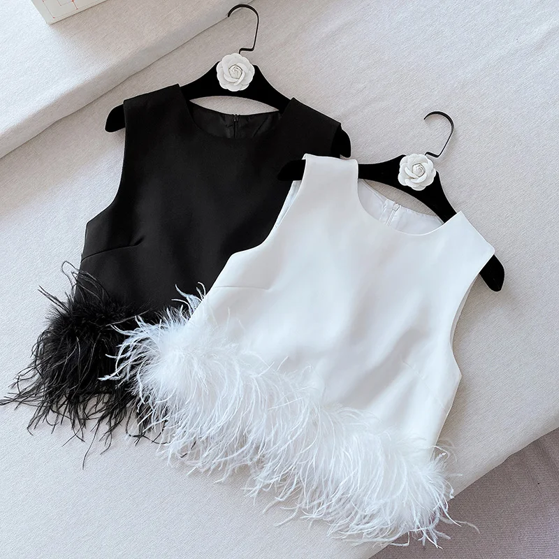 New Design Sleeveless Feather Trim Women's Tank Top - Stylish