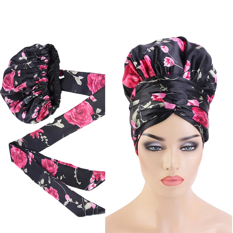 New Fashion Double Layer Satin Turban Bonnet With Long Tube Tail Edge Scarf  Women Silky Headscarf Head Wrap Headwrap Bonnets
