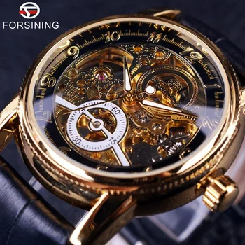 2023 Forsining Hollow Engraving  Casual Designer Black Golden Case Gear Bezel Watches Men Luxury Brand Automatic