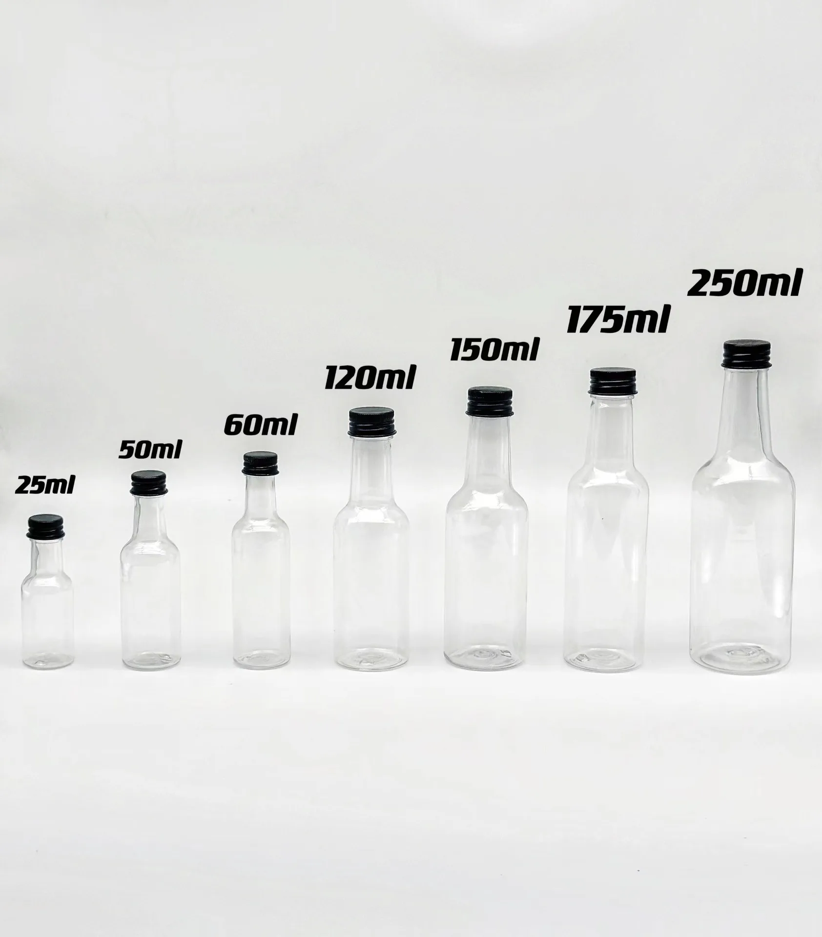25ml 50ml 60ml Plastic Small Liquor Bottles for Ginger Shots Vodka Whiskey Empty Pet Bottle Plastic Wine 120ml 150ml 175ml 250ml