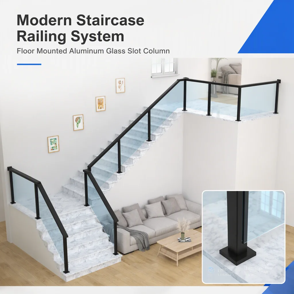 New Modern Aluminum Adjustable Floor Mounted Balcony Staircase Stair Guardrail Column Glass Slot Water Resistant Outdoor Hotel