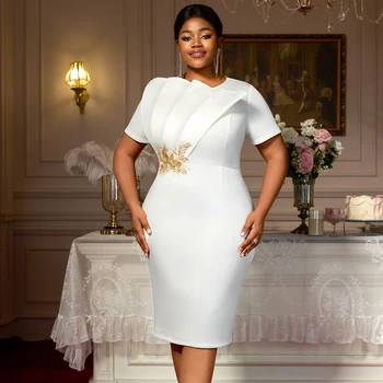 AM050604 Elegant Short Sleeve Asymmetric Ruched Floral Embroidery Bodycon White Formal Women Career Dresses