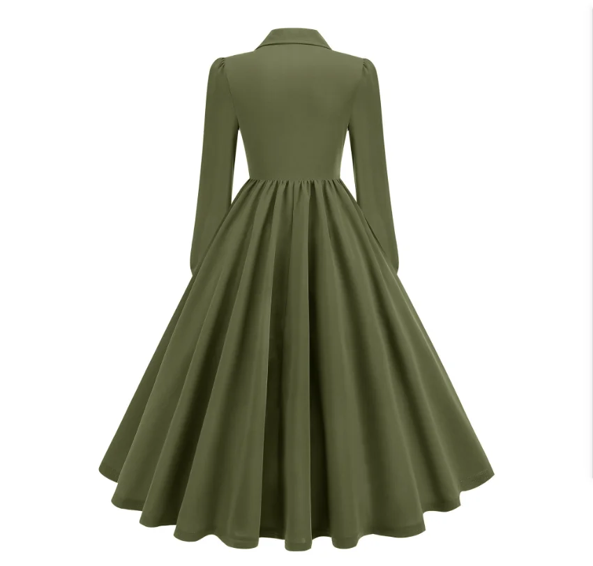 Army Green Solid Color Button Down Retro Notched Lapel Pleated Mature Vintage Mother of the Bride Dresses