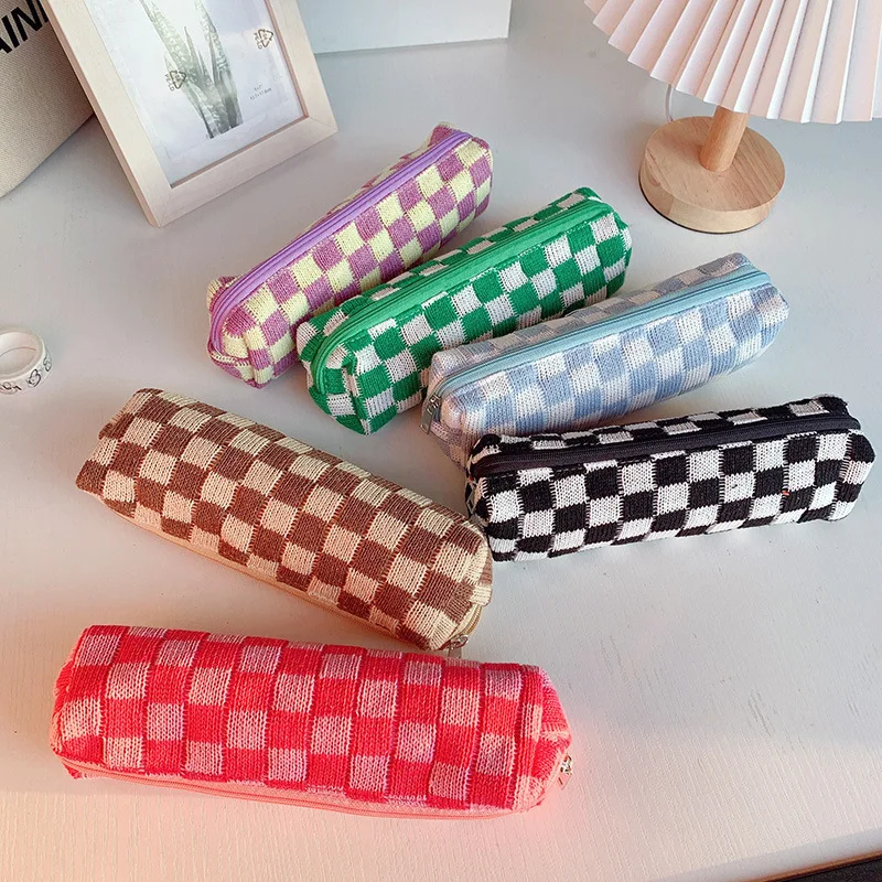 Student Checkered Pen Bag College Girls Pencil Case Cute Checkered ...