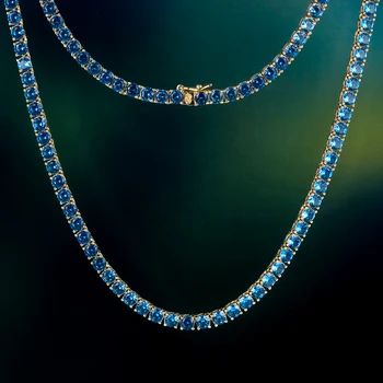 KRKC Wholesale Custom Jewelry 4mm 14K Gold Tennis Chains Brass Blue Cubic Zirconia CZ Crystal Diamond Tennis Chain Necklace