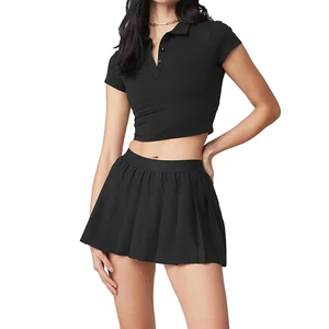 Custom Summer Fashion Two Piece Sets Plain V Neck Crop Top and Skirt Women Skirt Set