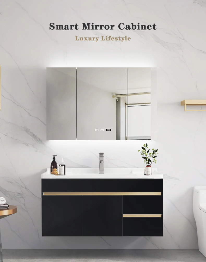 Luxury Black Gold Design Waterproof Solid Wood Bathroom Vanity