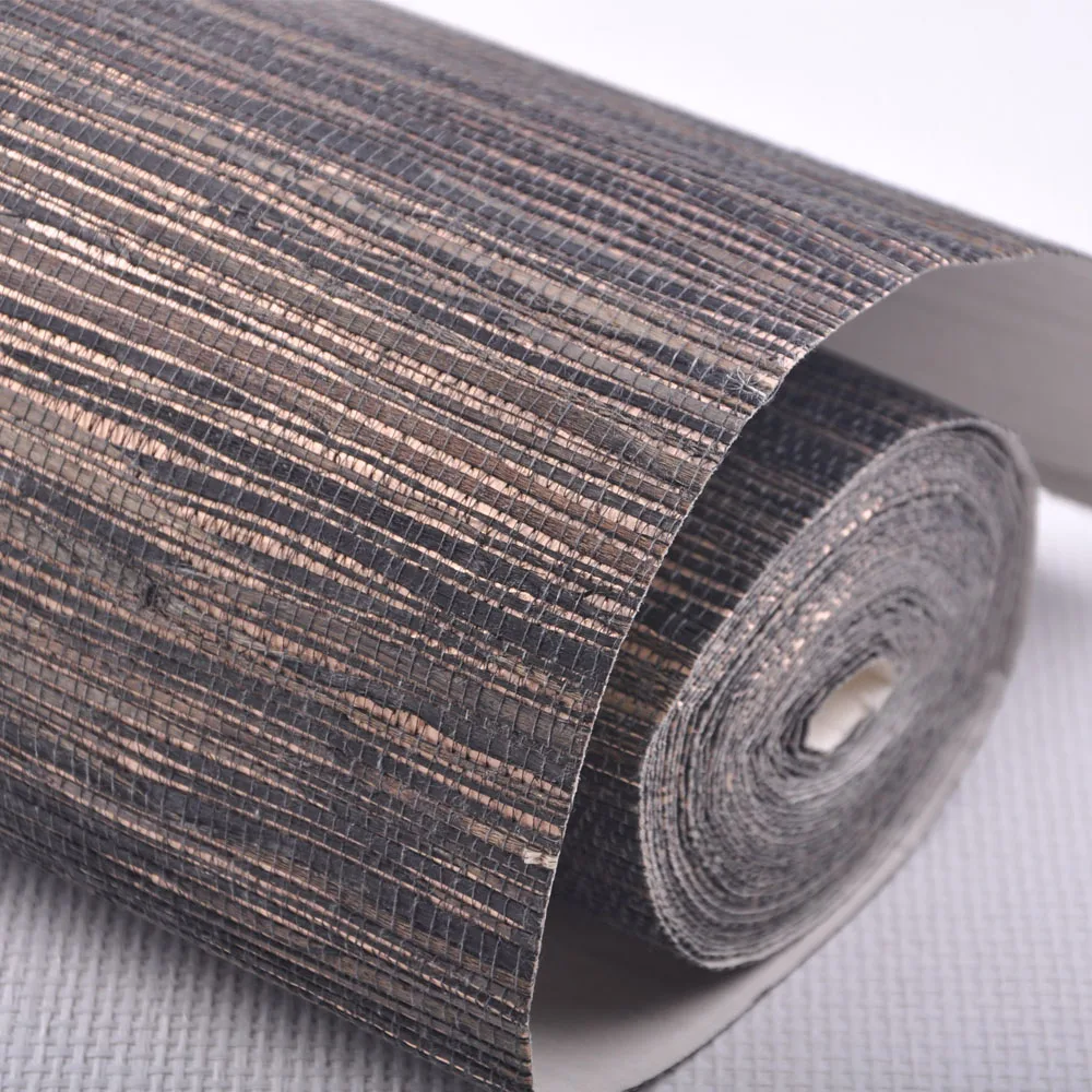 Natural Brown Raw Help Plant Metal Bottom Grasscloth Wallpaper Restaurant Wall Design Material Chinese Traditional Art
