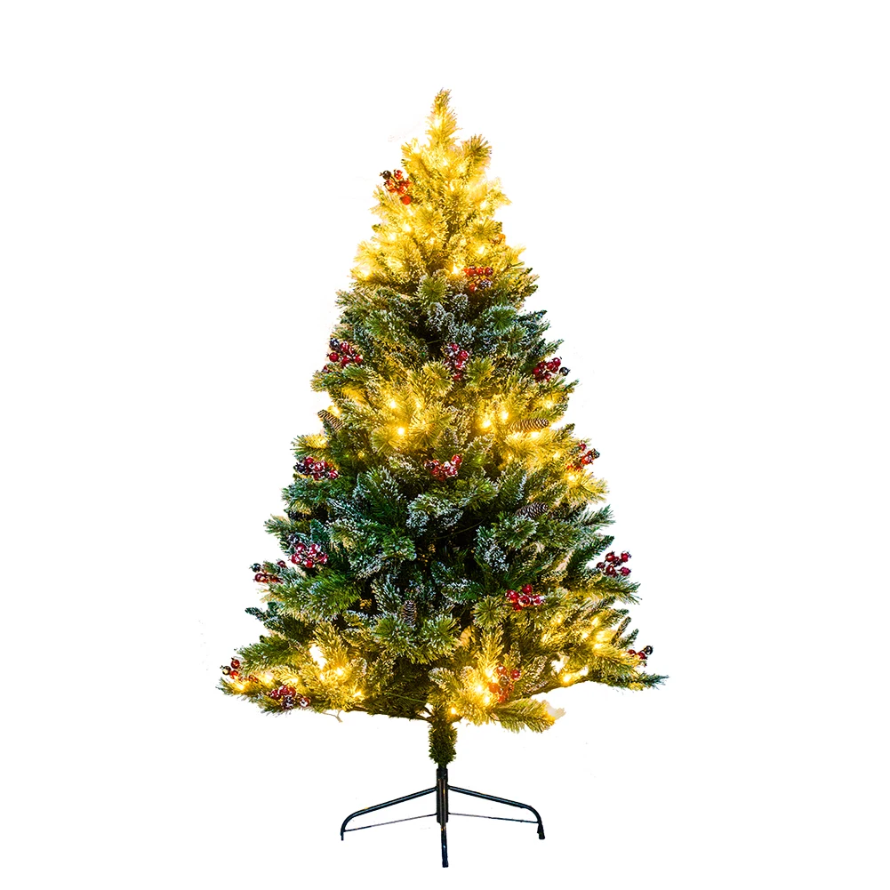 6ft 7ft 8ft 9ft Pre-Lit Hinged Red Berries Pine Needle Tree Artificial Alpine Slim Pencil Christmas Tree Holiday