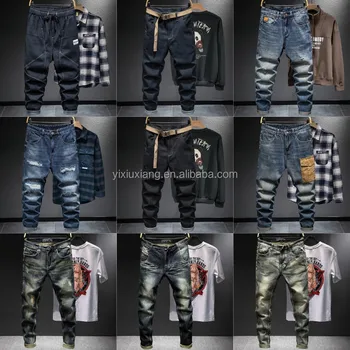 High quality fashion full length hip hop loose stretch ripped jeans for men jeans