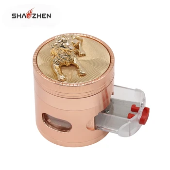 Hot Selling Wholesale New Design 63mm Zinc Alloy Four Layer Tobacco Grinder Side Three Hole Drawer Lion Cover
