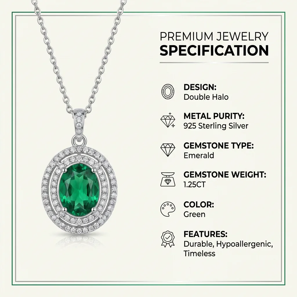 Oval Emerald Double Halo Luxury Link Chain Pendant Necklace 925 Sterling Silver Gold Plated Gemstone Jewelry Women Wedding Gift